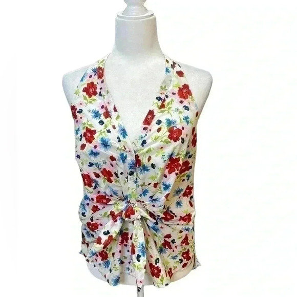 Veronica Beard Vea White Floral Multi Tie-Front Halter Top Size Size 8 - Picture 2 of 7